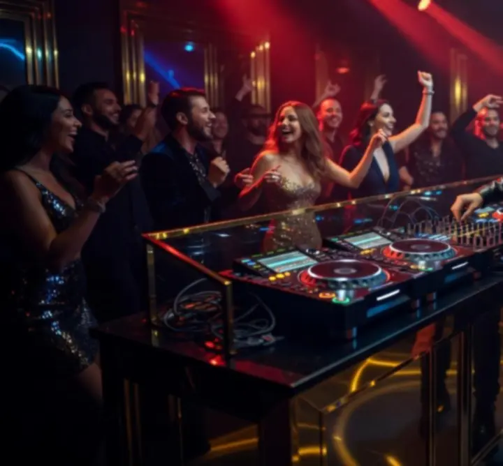DJ pult mögött játszik, dinamikus fények és táncoló tömeg mellett