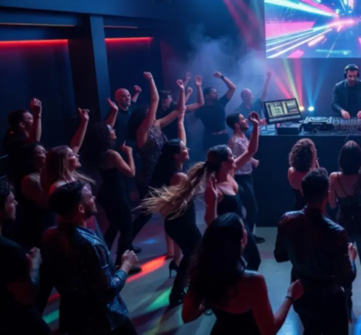 DJ pult körül táncoló közönség fényekkel