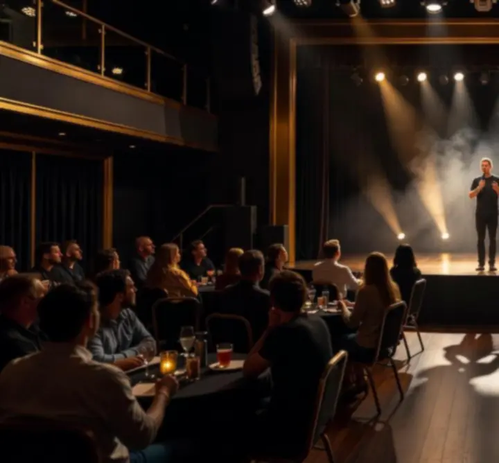 Koncert- és stand-up színpad modern fényekkel és közönséggel