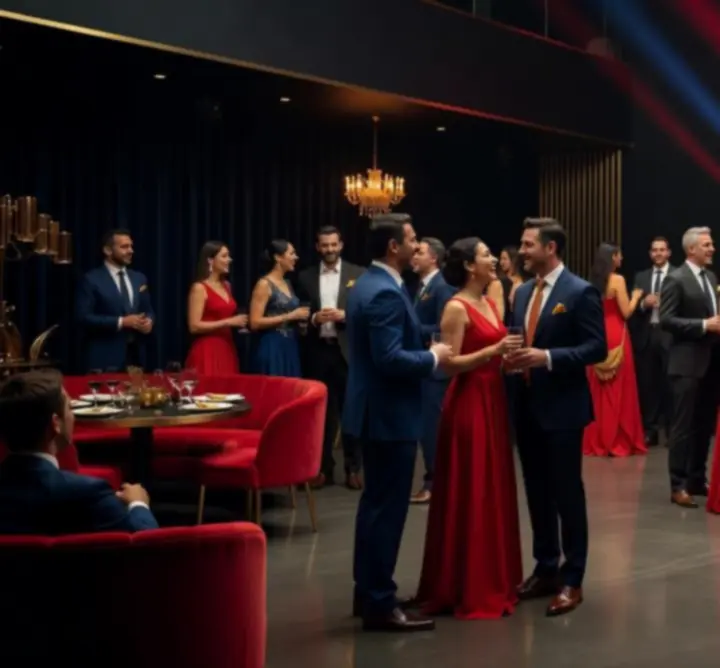 Cinematikus hangulatú Magyar Hub esemény színpaddal, lounge-résszel és élő pókerasztallal.