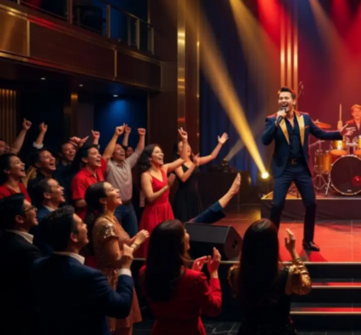Energikus élő koncert esti fényekkel és lelkes közönséggel