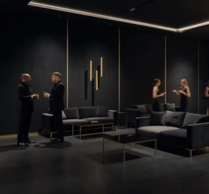 Modern, sötét tónusú rendezvényhelyszín arany részletekkel